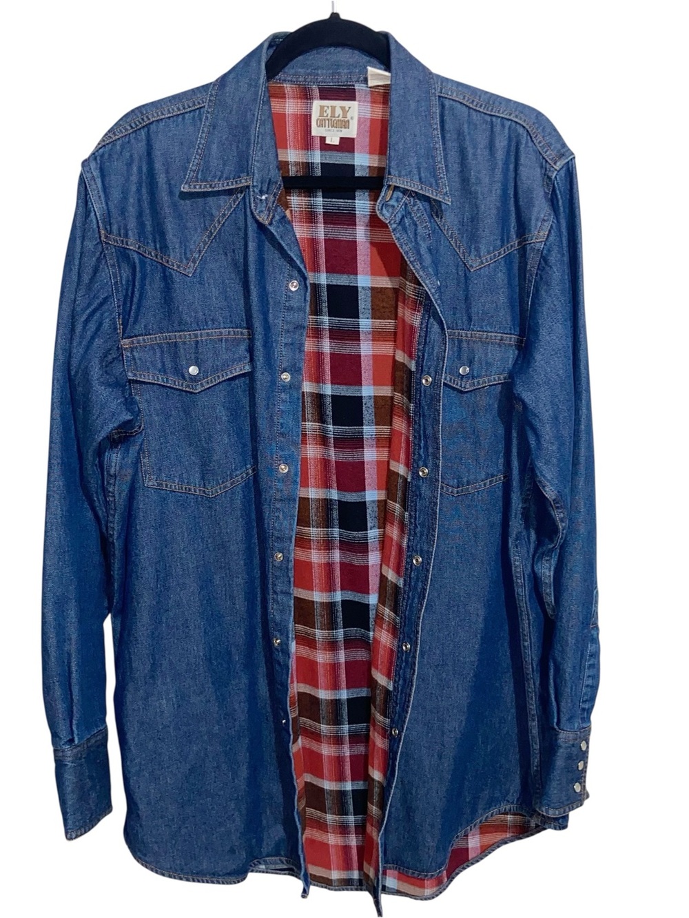 Ely Cattleman Shirt Mens Large Pearl Snap Flannel Lined Denim Jean Shacket